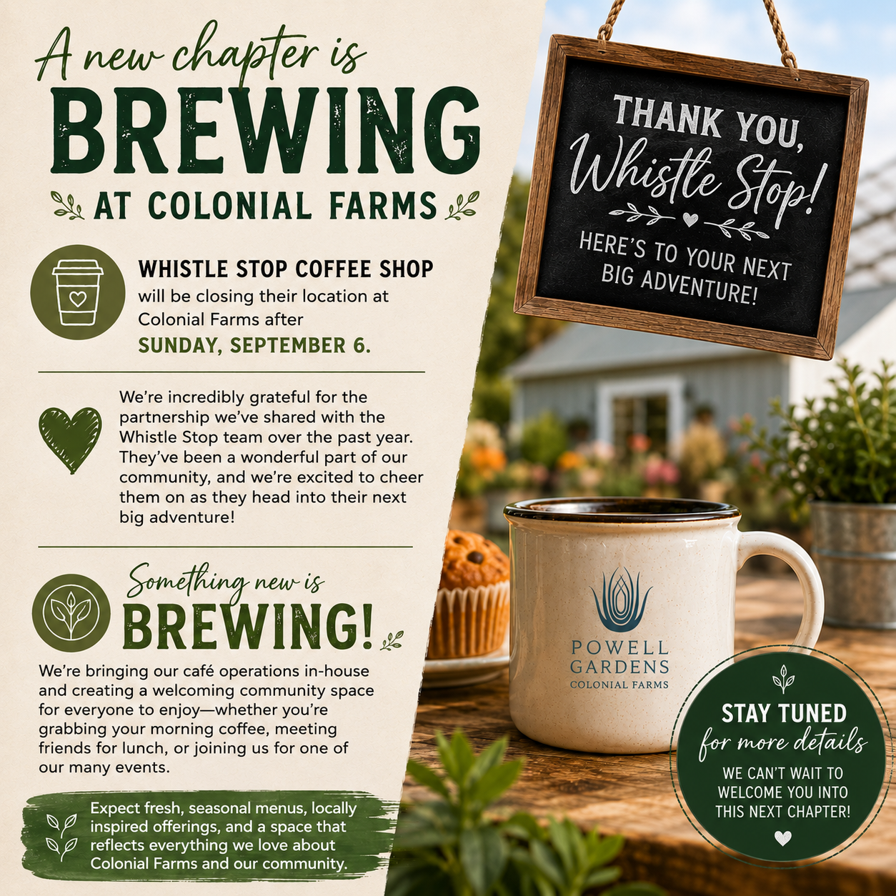 Cafe Announcement - Whistle Stop Coffee Shop will be closing their location with Colonial Farms on September 6th, 2026